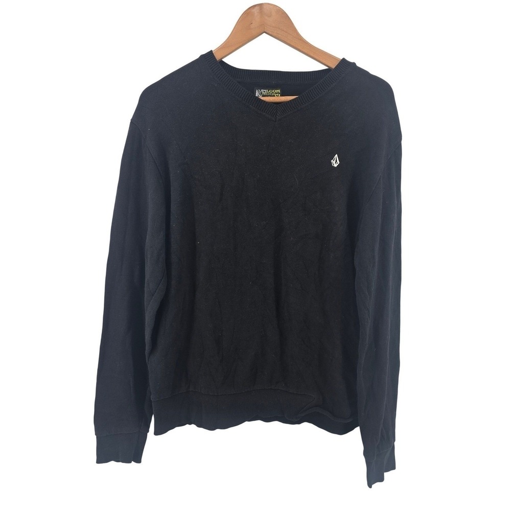 Volcom‎ Sweater Mens Medium Black V-Neck Long Sleeve Cotton Stone Logo Knit